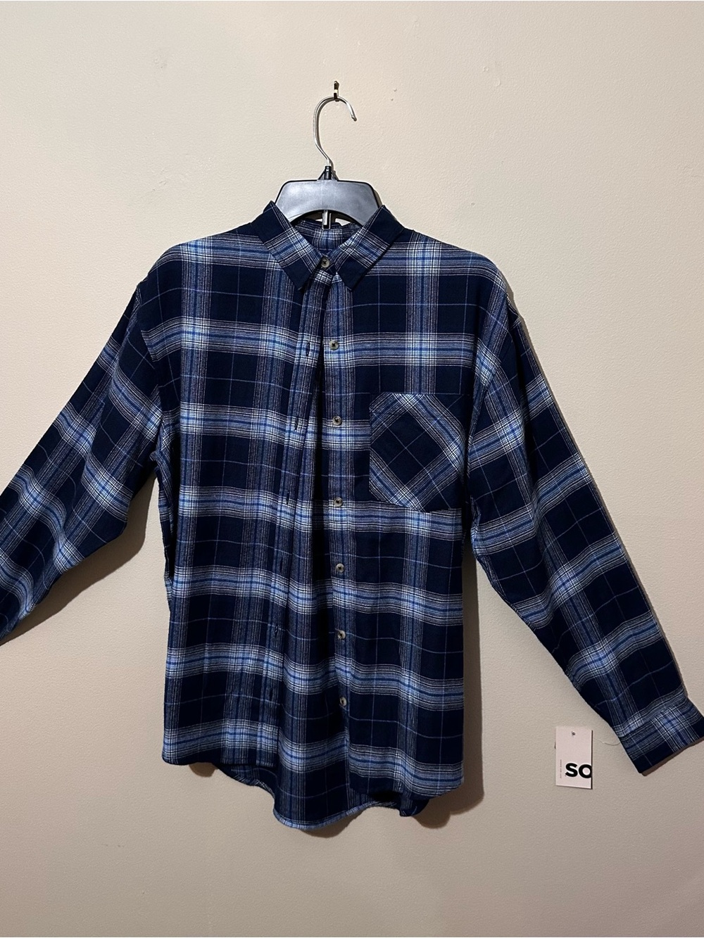 Sonoma SO Men’s Flannel Shirt Navy Blue Plaid Soft Button-Down Cozy Streetwear